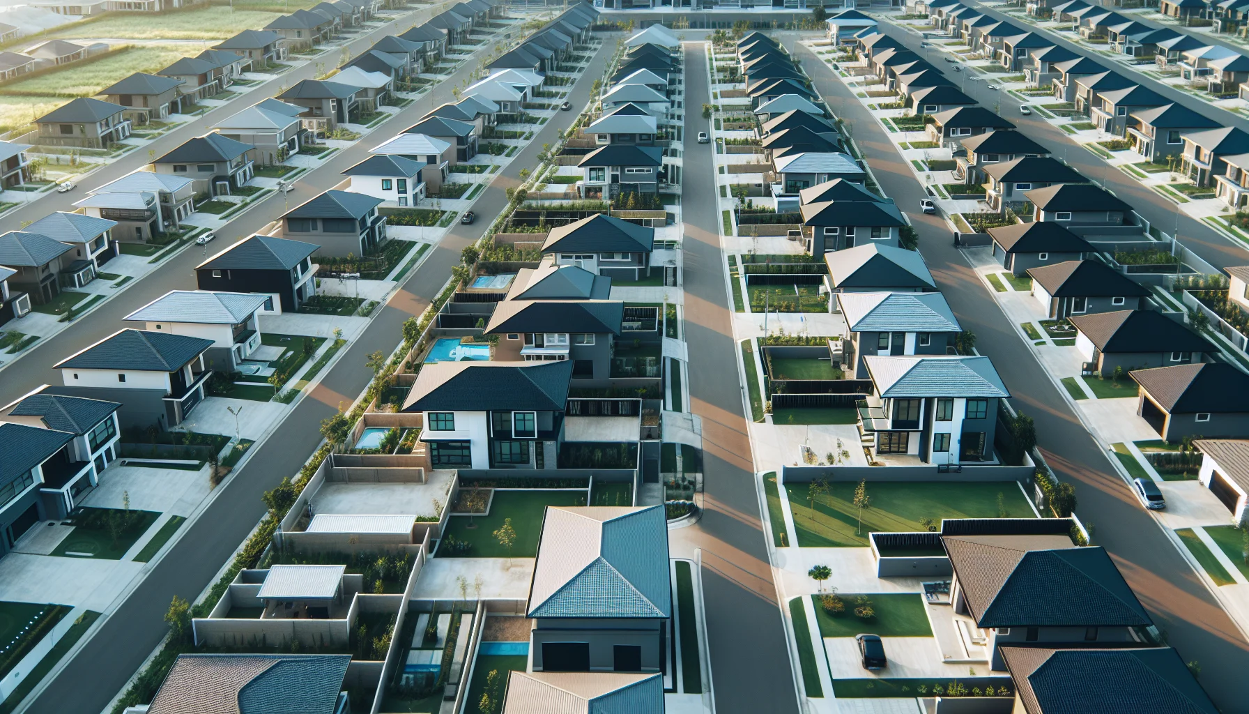 Wohnsiedlung mit Häusern auf verschiedenen Fundamenttypen