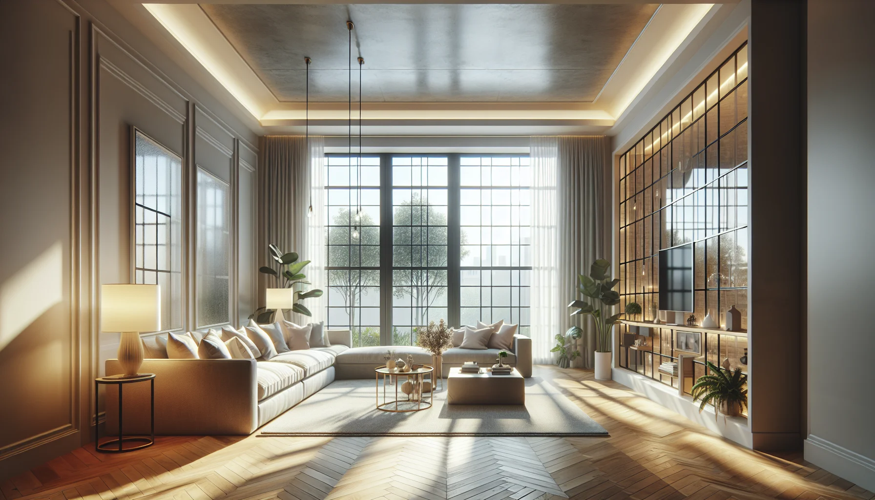 Wohnzimmer mit neuen energieeffizienten Fenstern nach Sanierung