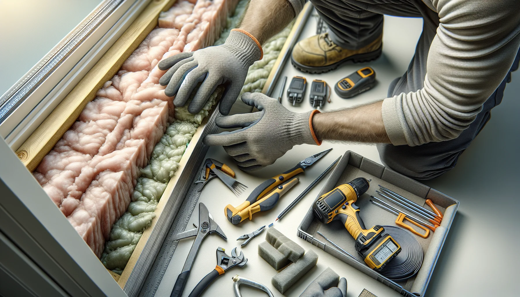 Detailaufnahme von professioneller Dämmstoff-Installation bei Haussanierung