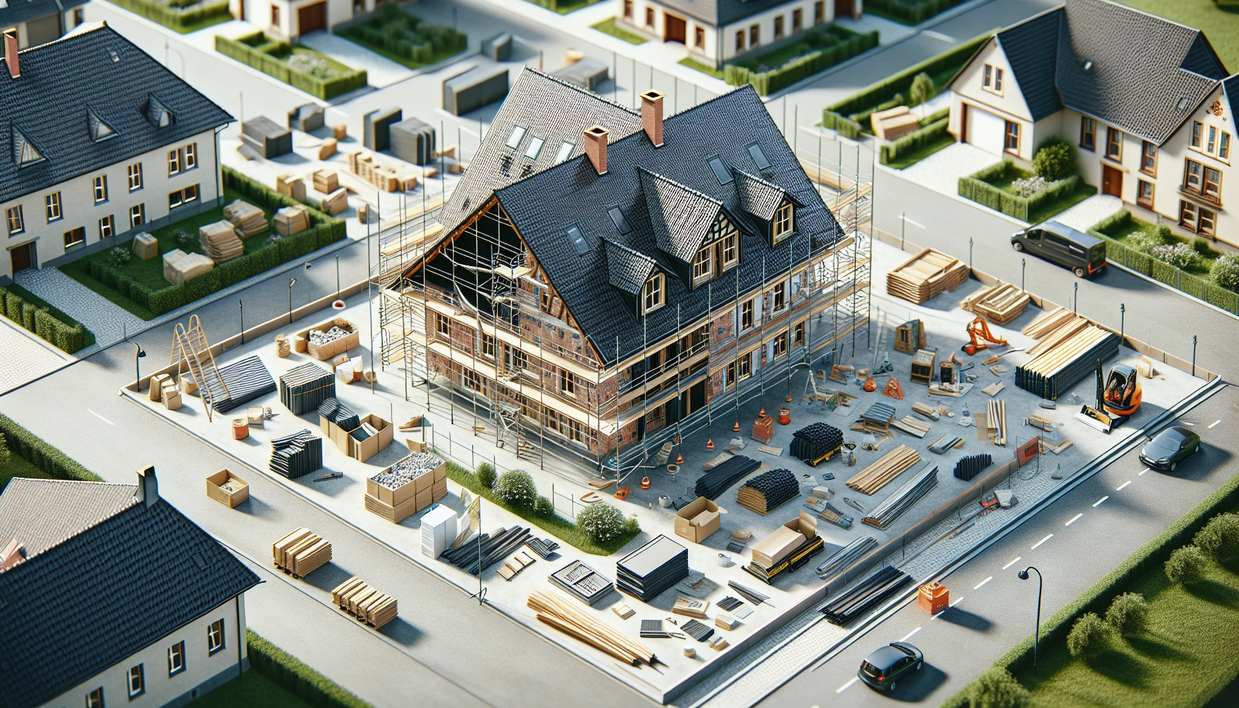Haus wird komplett saniert mit Gerüst und Baumaterialien