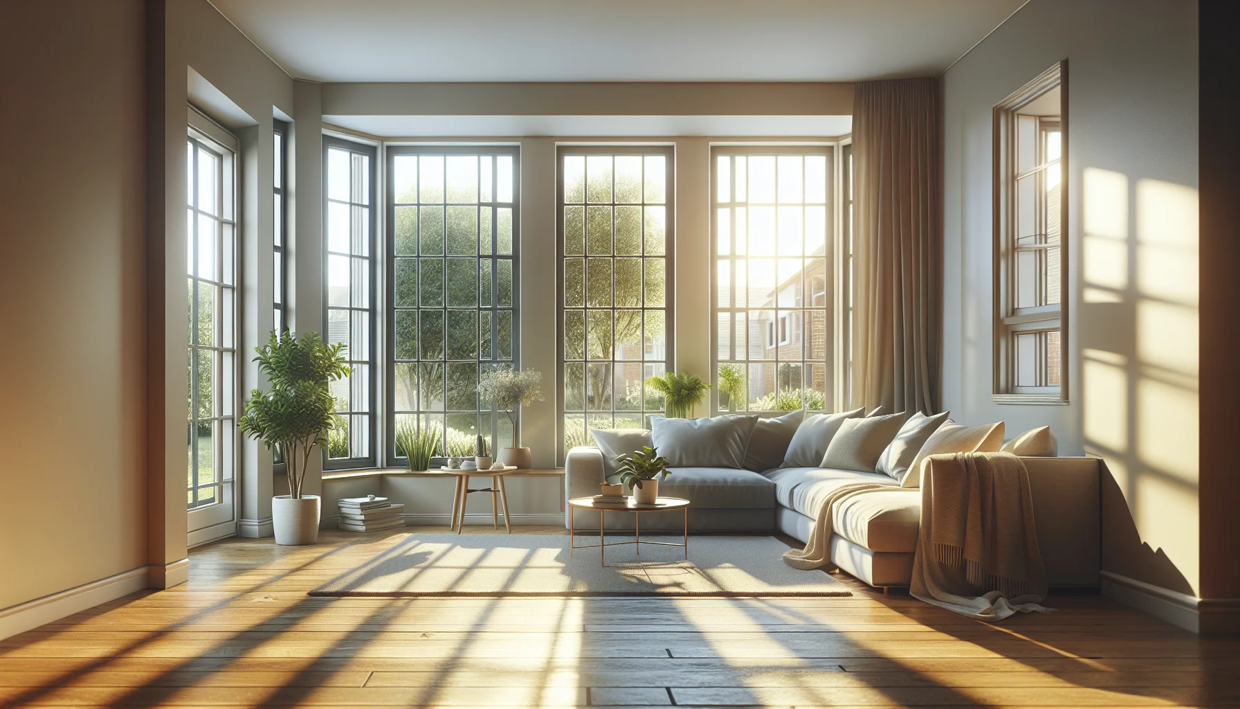 Wohnzimmer mit neuen energieeffizienten Fenstern nach erfolgreicher Sanierung