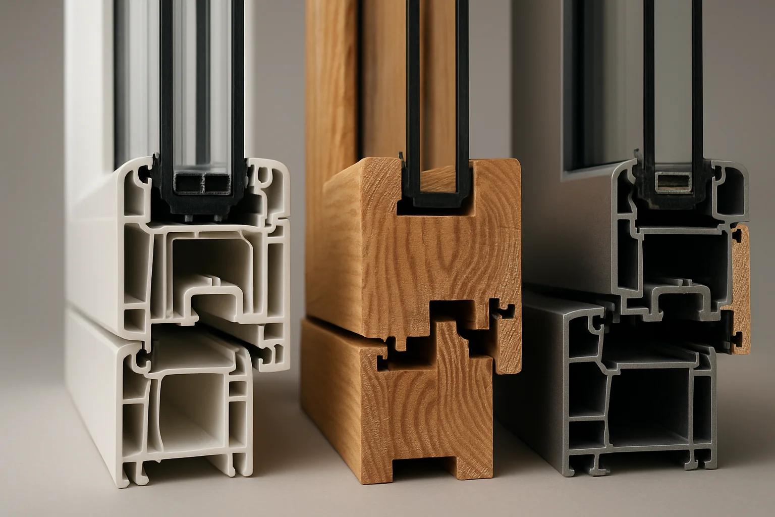 Detailaufnahme der Fensterprofile – Kunststoff, Holz und Holz-Aluminium im Querschnitt-Vergleich