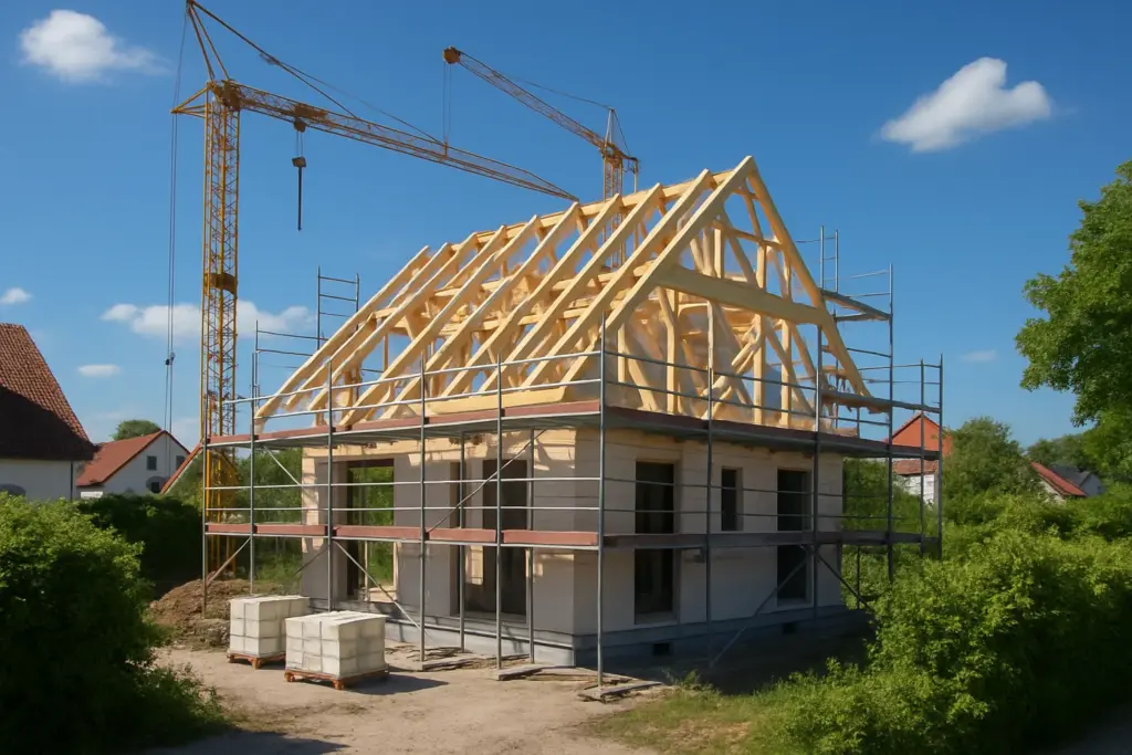 Hausbau Karlsruhe – Neubau eines Einfamilienhauses in der Region mit Gerüst und Rohbau