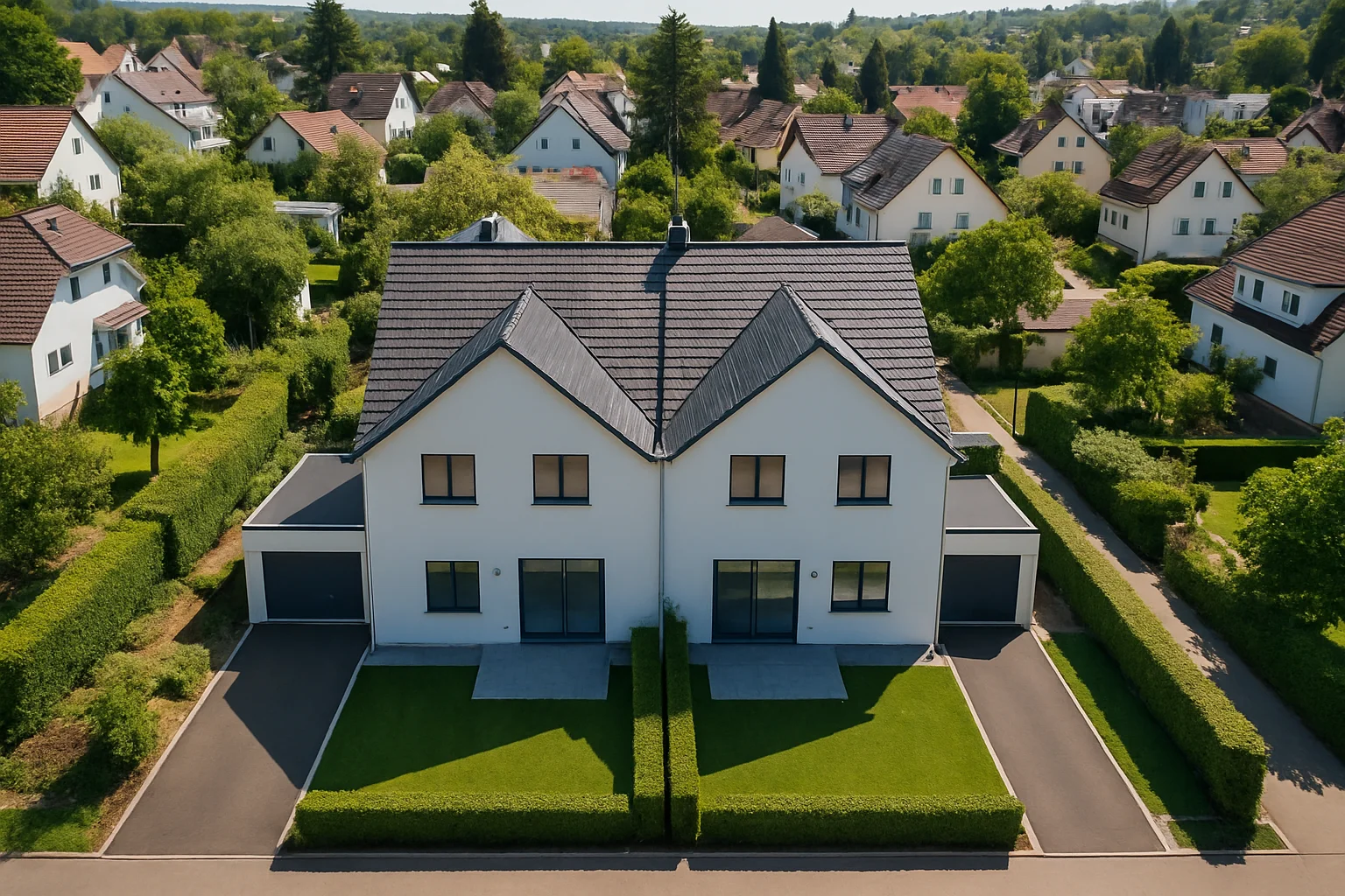 Luftaufnahme eines fertiggestellten Doppelhauses in Stuttgart mit zwei symmetrischen Haushälften und separaten Gärten