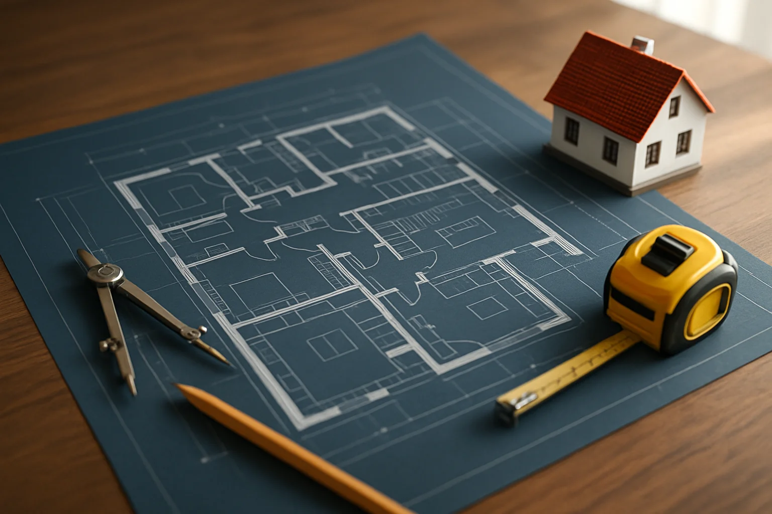 Architektonischer Grundrissplan einer Stadtvilla auf einem Schreibtisch mit Planungswerkzeug