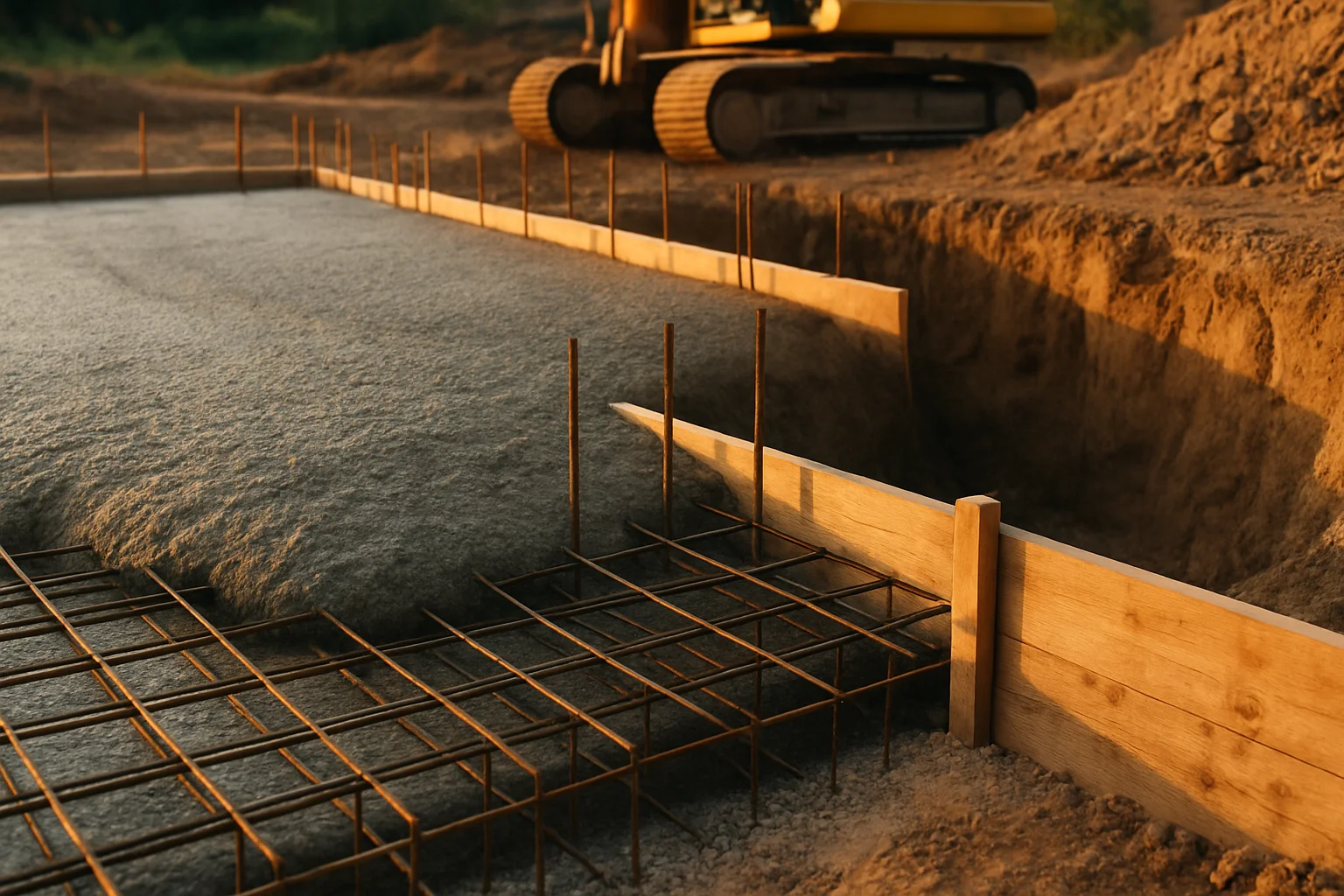 Baugrube mit Bodenplatte und Kellerkonstruktion im Vergleich – Fundament Hausbau Detail