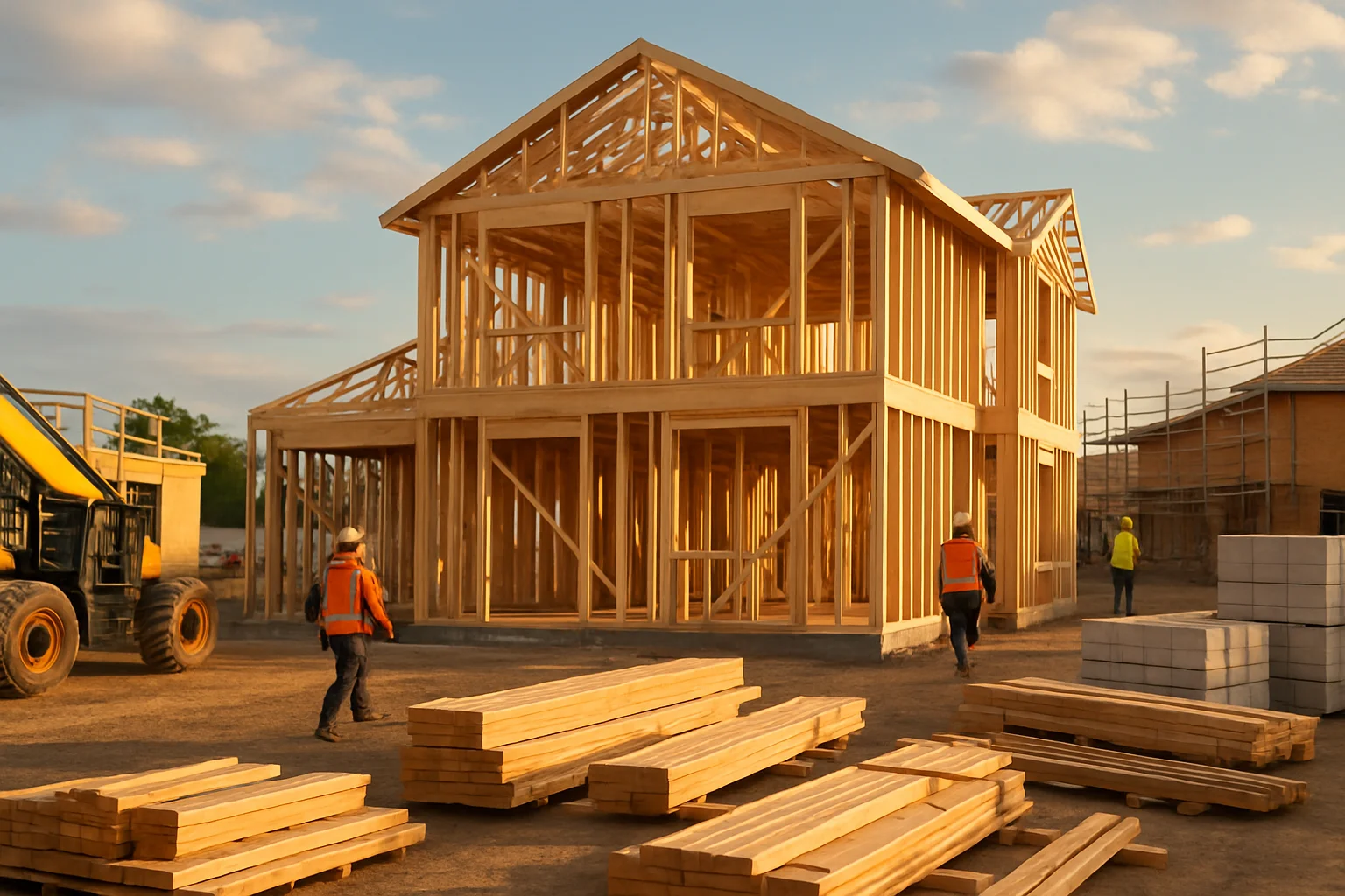 Bauunternehmen finden – Baustelle eines modernen Einfamilienhauses im Rohbau