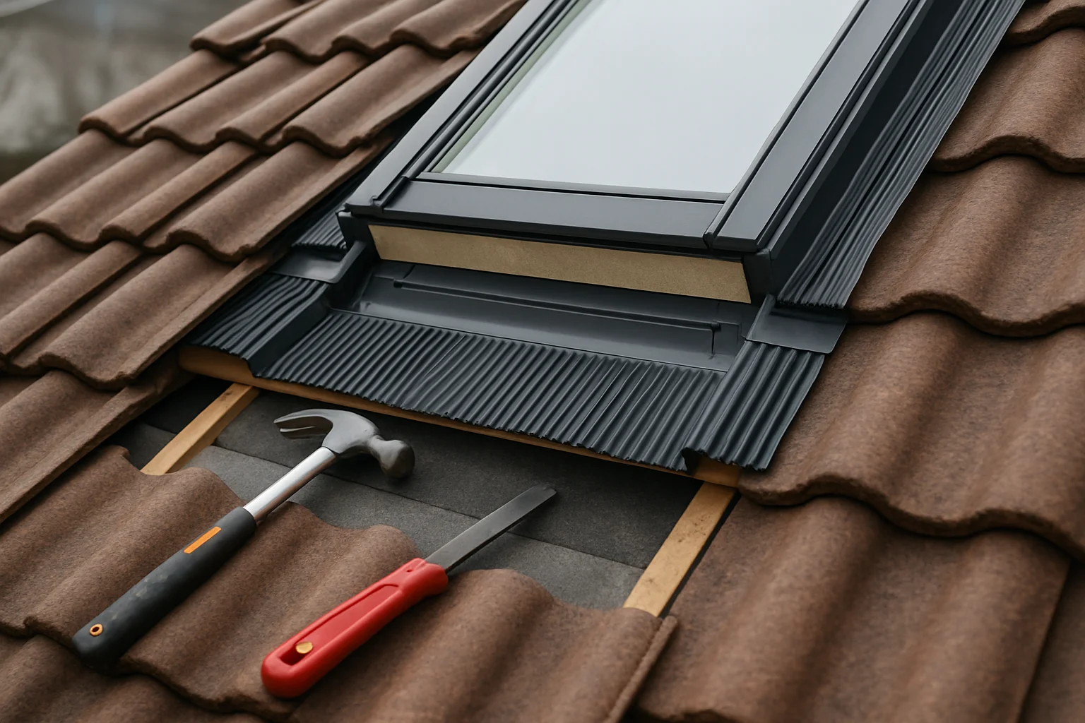 Dachfenster einbauen – Detailaufnahme der Einrahmendemontage und Abdichtung beim Dachfenstereinbau