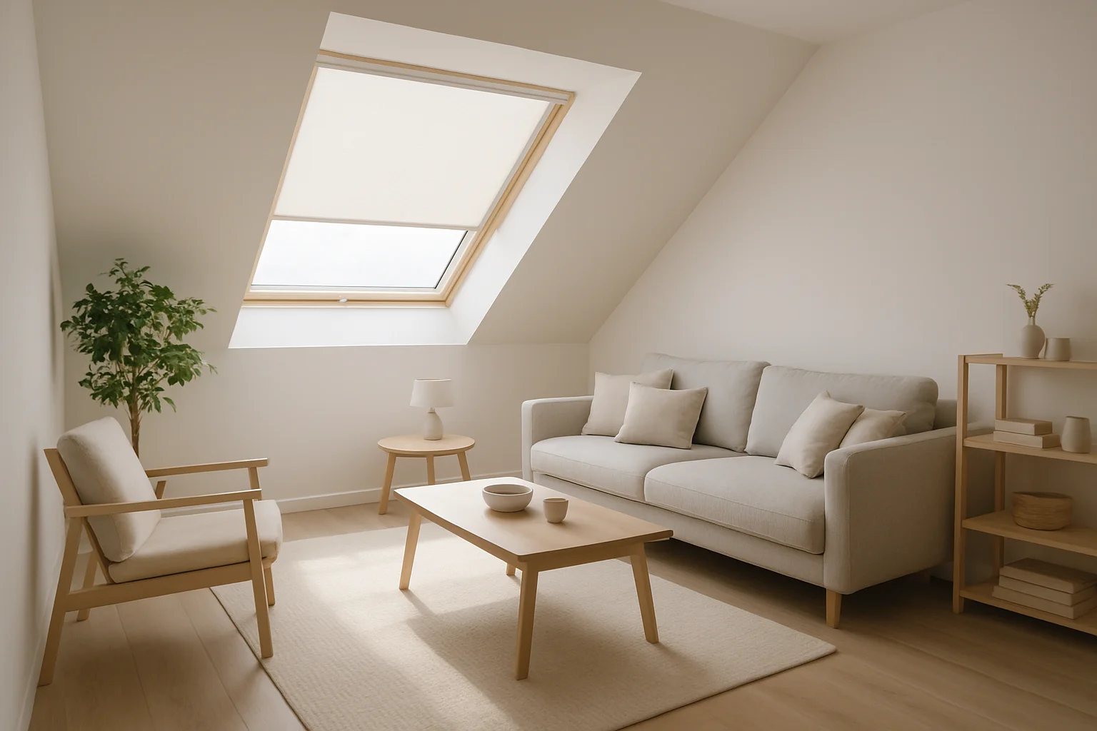 Dachfenster mit Verschattung – eingebautes Dachfenster mit Rollo im modernen Dachgeschoss-Wohnzimmer