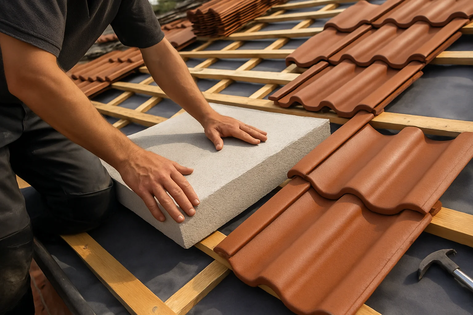 Dachsanierung Detail – Einbau von Dachdämmung und neuen Dachziegeln bei einer Sanierung in Karlsruhe