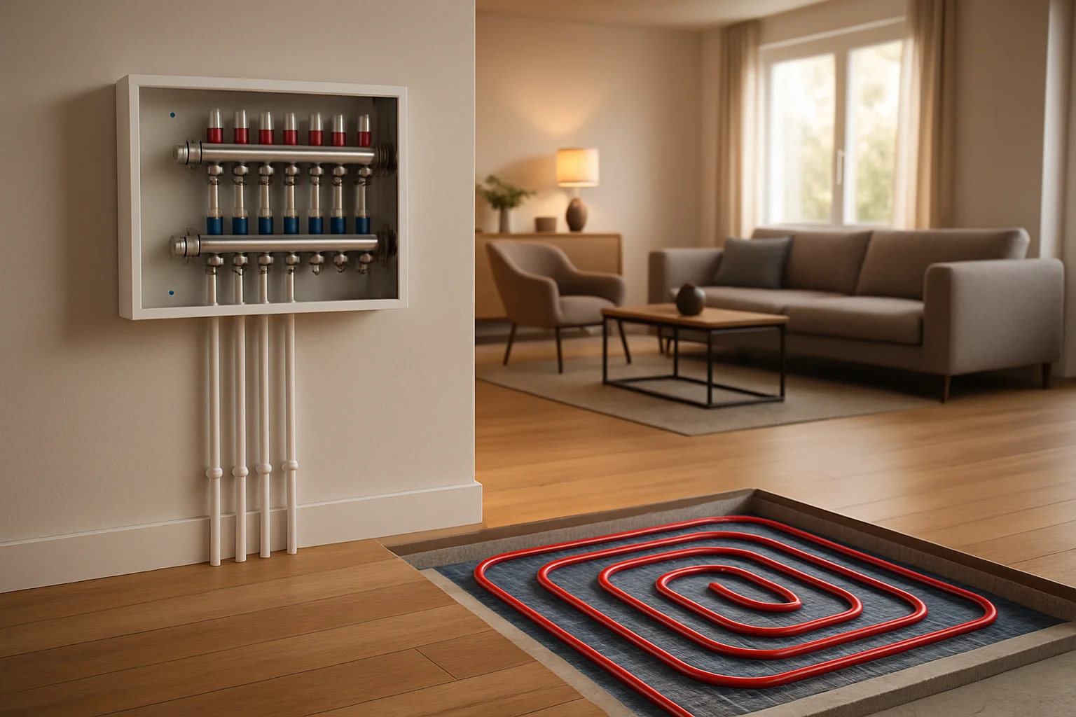 Effizientes Heizsystem mit Fußbodenheizung und moderner Wärmepumpenverteilung im Wohnhaus