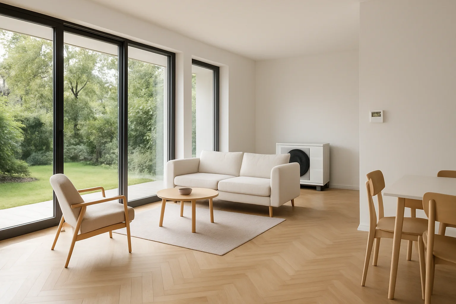 Ergebnis einer Komplettsanierung in Stuttgart – modernes helles Wohnzimmer mit Parkettboden und Wärmepumpe