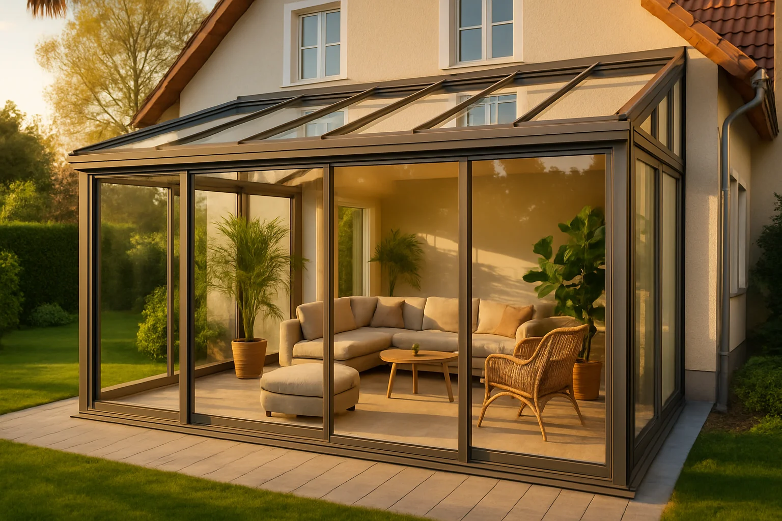 Fertig gebauter Wintergarten als Anbau an ein Wohnhaus mit Blick in den Garten