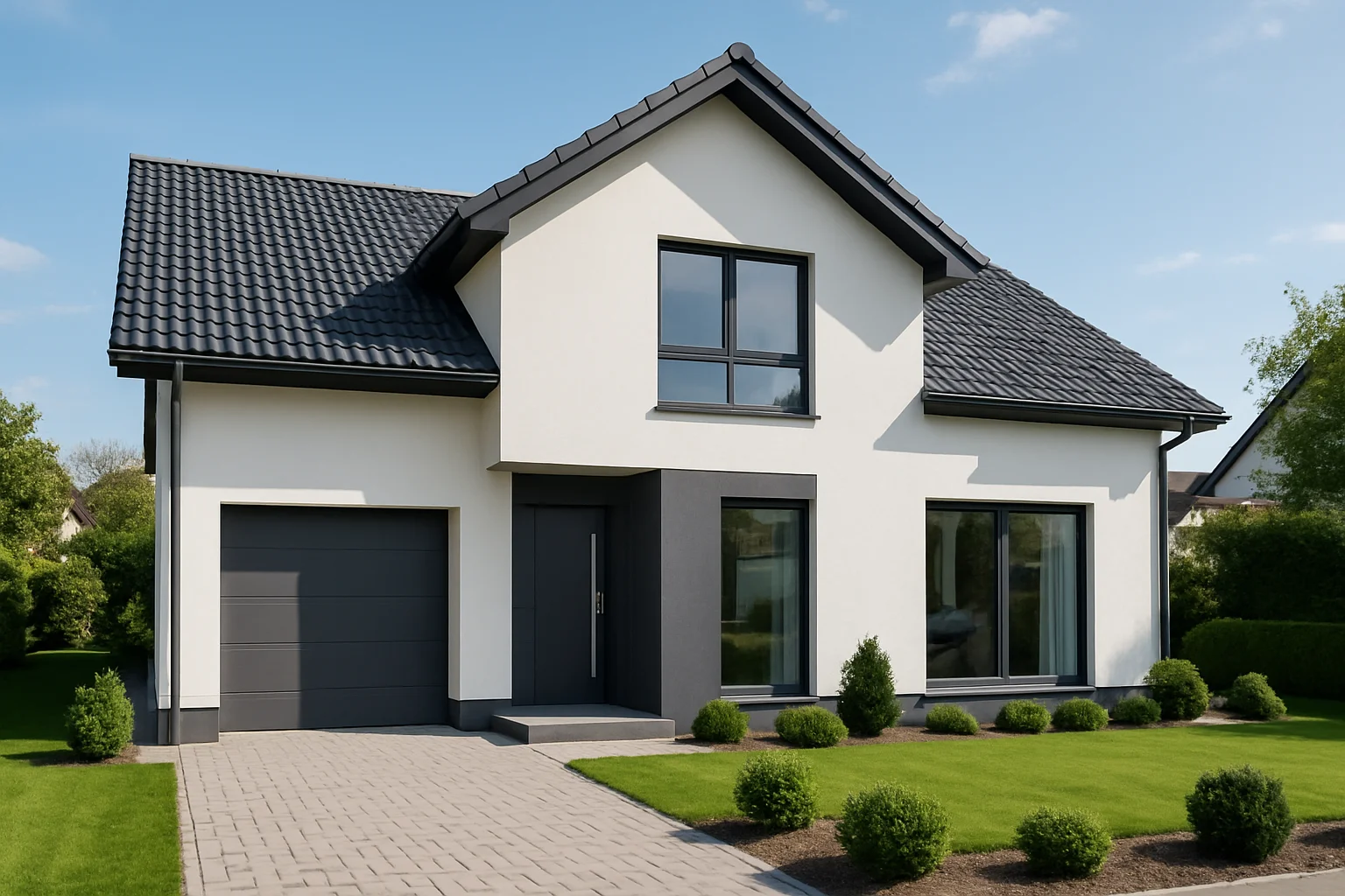 Fertiggestelltes modernes Einfamilienhaus als Ergebnis der Zusammenarbeit mit einem guten Bauunternehmen