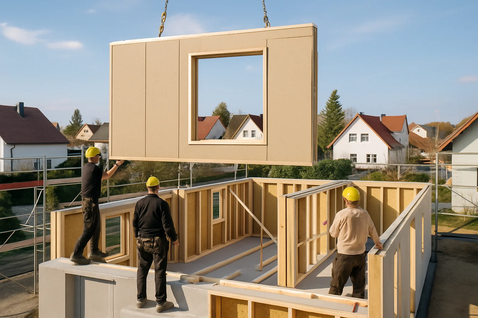 Fertighaus Bau- und Montageprozess mit Wandelementen auf der Baustelle