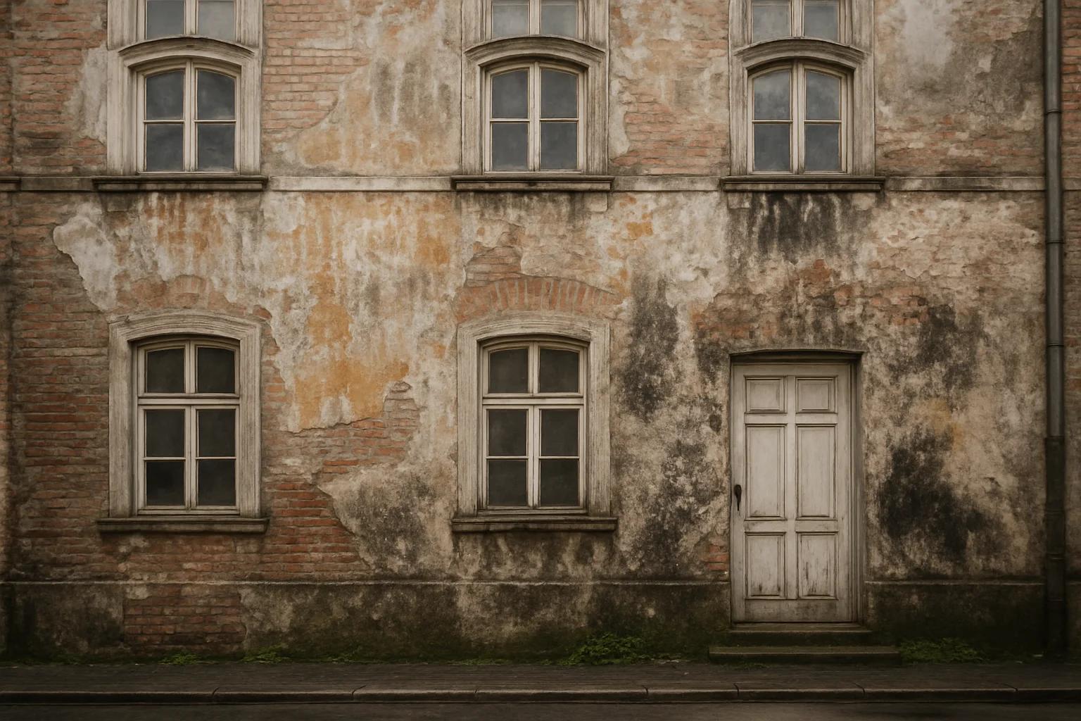 Feuchtigkeitsschäden an der Fassade eines Altbaus mit Ausblühungen und Schimmelflecken