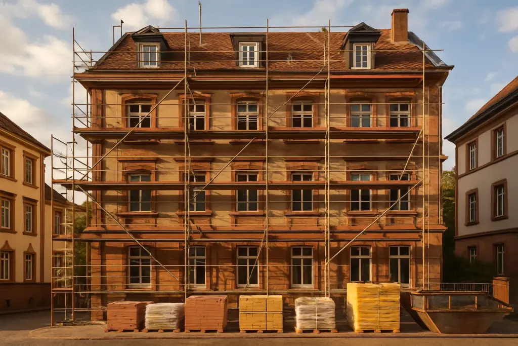 Komplettsanierung Heidelberg – Altbau mit Gerüst bei laufender Vollsanierung