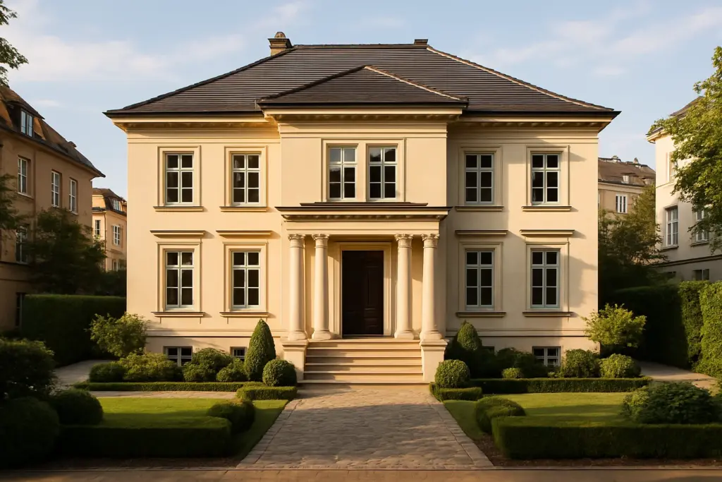 Moderne Stadtvilla mit klassischer Fassade, Walmdach und gepflegtem Vorgarten in urbaner Lage