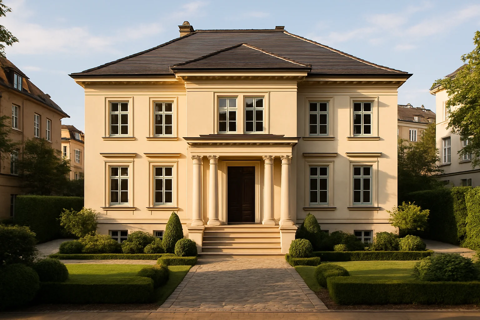 Moderne Stadtvilla mit klassischer Fassade, Walmdach und gepflegtem Vorgarten in urbaner Lage