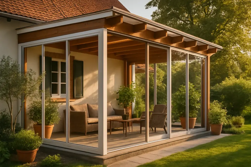 Moderne Veranda an einem Einfamilienhaus in Baden-Württemberg mit Glasfront und Holzstruktur