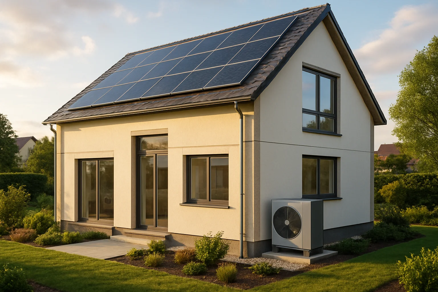 Modernes Effizienzhaus mit Wärmepumpe und hochwertiger Fassadendämmung als KfW-Effizienzhaus