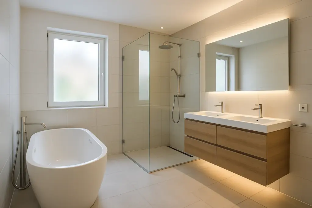 Modernes saniertes Badezimmer mit ebenerdiger Dusche und freistehender Badewanne – Badsanierung Freiburg