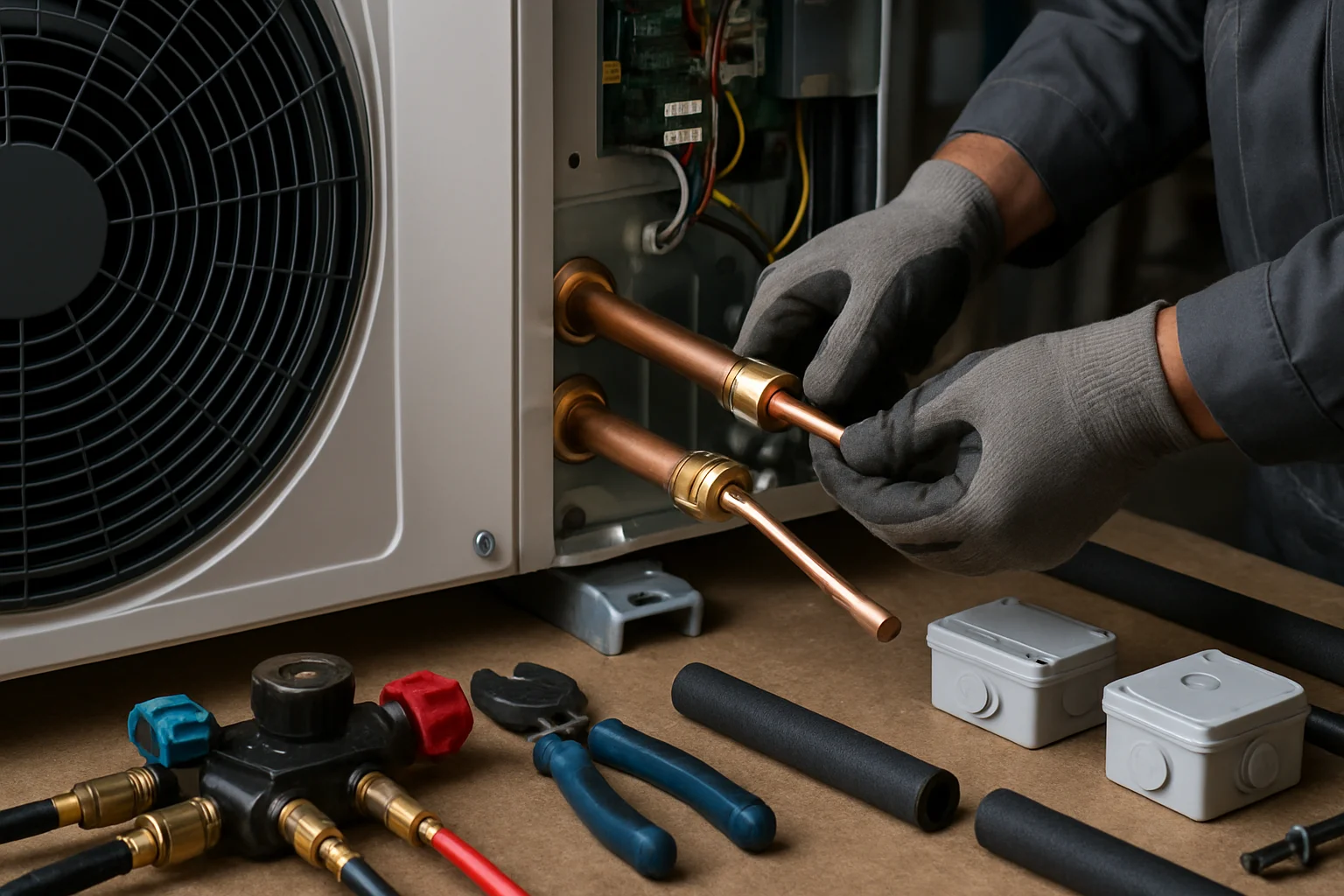 Technische Installation einer Wärmepumpe mit Rohrleitungen und Anschlüssen