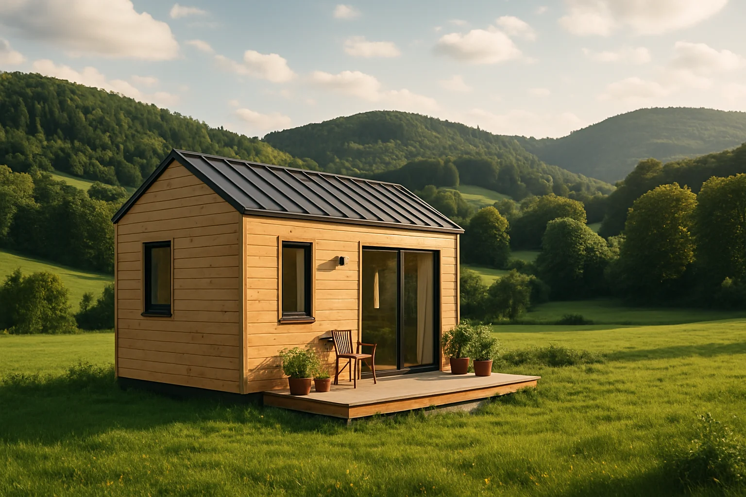 Tiny House in Baden-Württemberg auf einem Stellplatz in grüner Landschaft mit Schwarzwald im Hintergrund