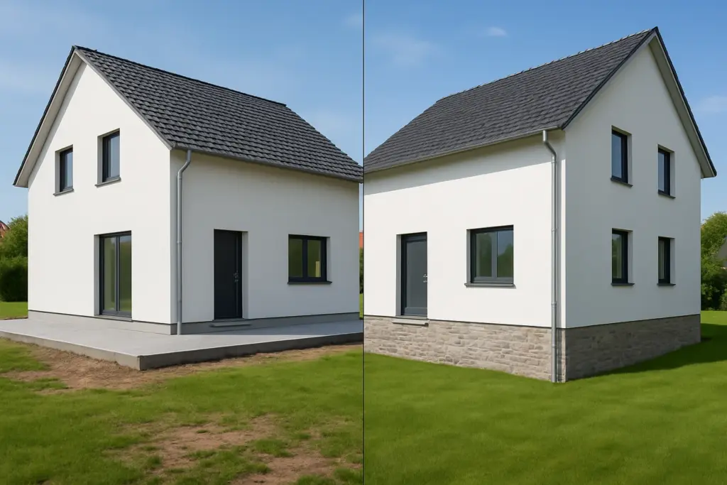 Vergleich Bodenplatte und Keller beim Hausbau – zwei moderne Einfamilienhäuser nebeneinander