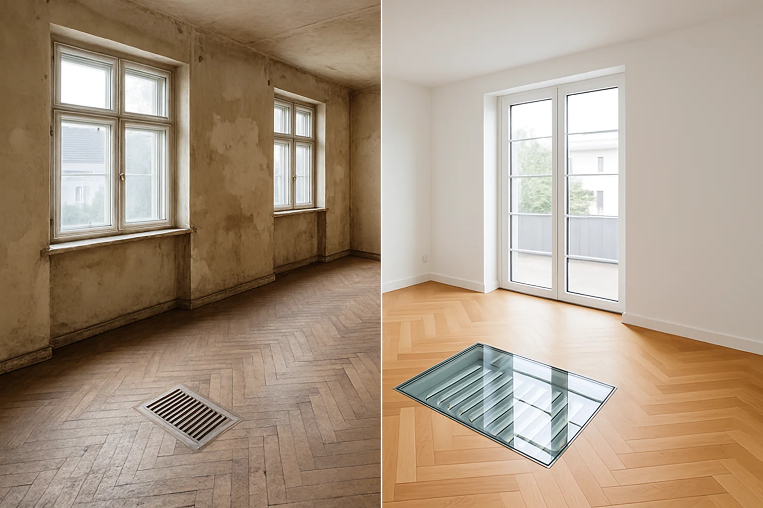 Vorher-Nachher Vergleich einer Komplettsanierung – modernes helles Wohnzimmer nach der Sanierung in Pforzheim