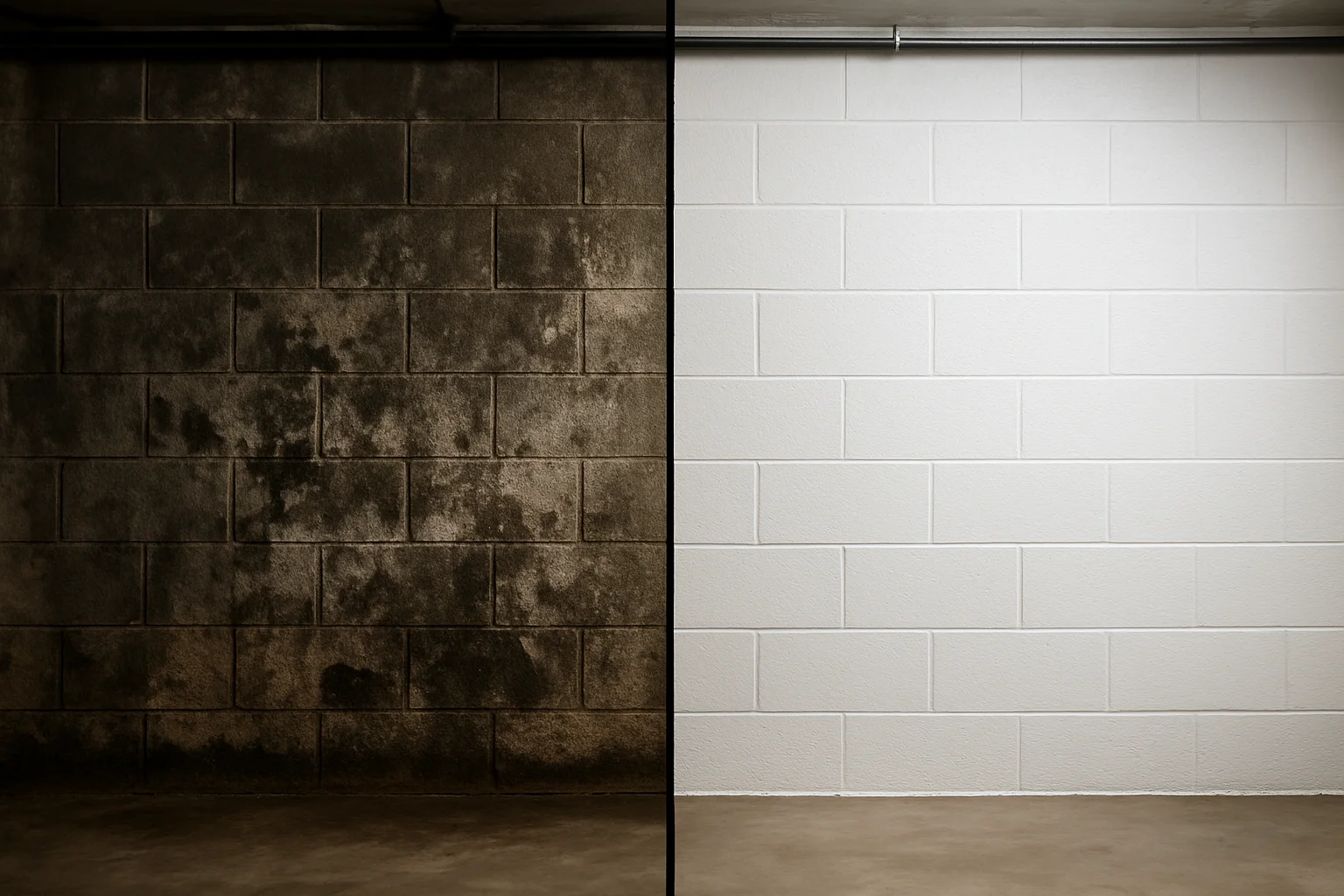 Vorher-Nachher-Vergleich einer sanierten Kellerwand nach Bautenschutzmaßnahmen im Altbau