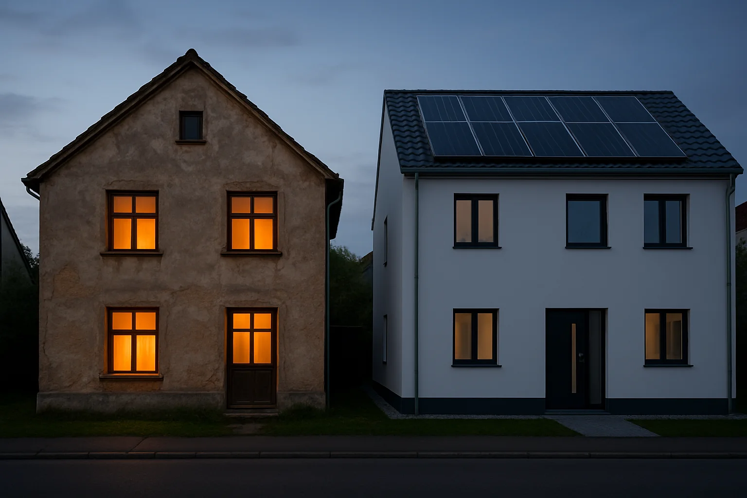 Vorher-Nachher-Vergleich eines unsanierten Altbaus und eines modernisierten KfW-Effizienzhauses nach energetischer Sanierung