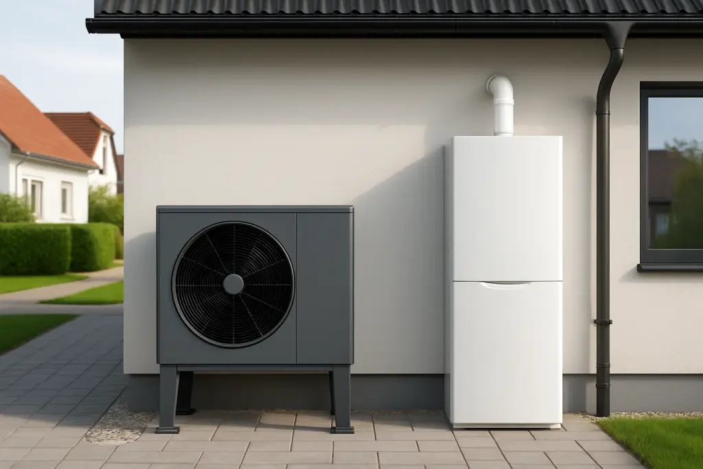 Wärmepumpe und Gas-Brennwertgerät im direkten Vergleich an einem modernen Einfamilienhaus
