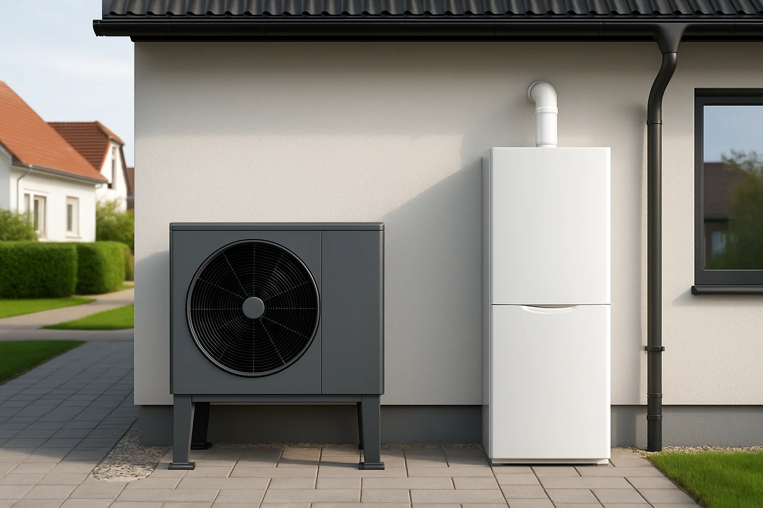 Wärmepumpe und Gas-Brennwertgerät im direkten Vergleich an einem modernen Einfamilienhaus