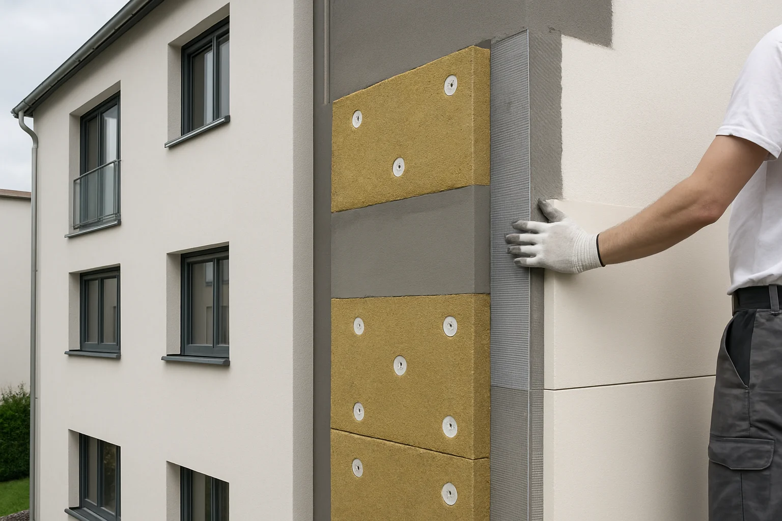 Außenwanddämmung an einem Wohnhaus mit sichtbaren Dämmplatten zur Vermeidung von Schimmel nach der Dämmung