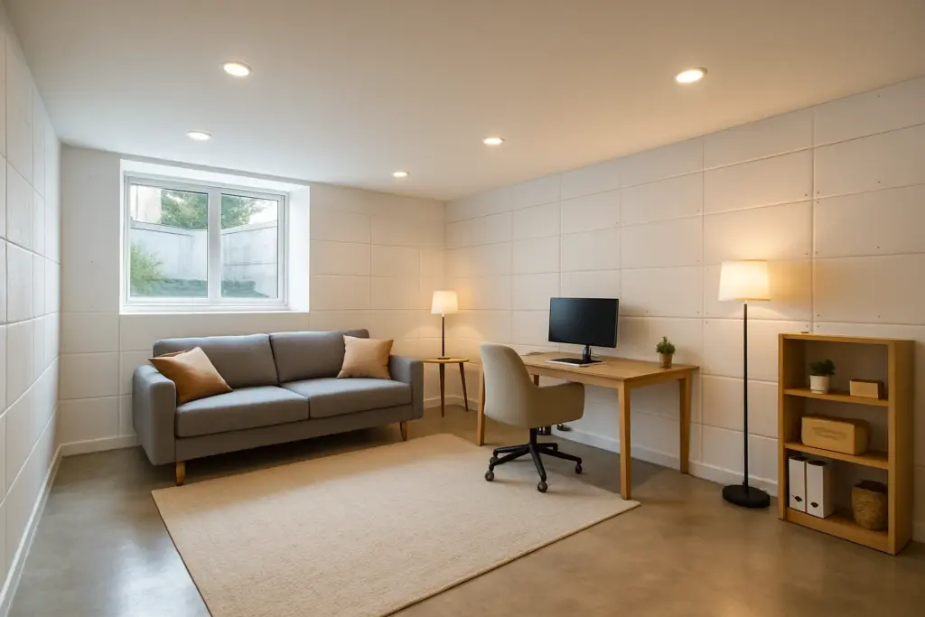 Ausgebauter Keller als heller Wohnraum mit großen Lichtschächten und moderner Einrichtung
