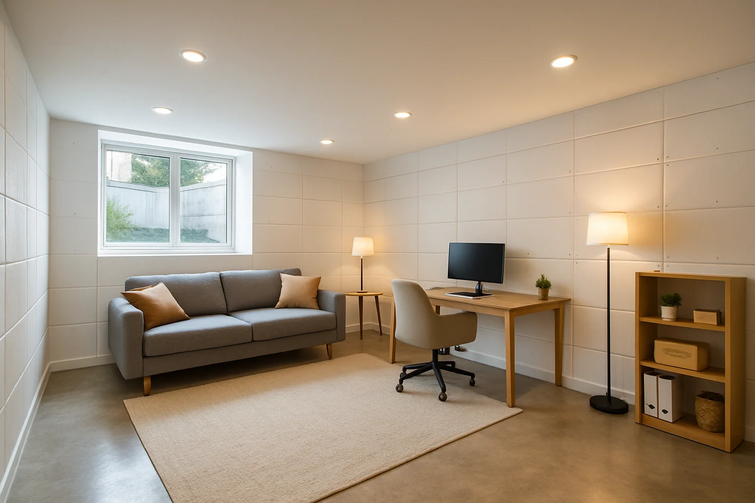 Ausgebauter Keller als heller Wohnraum mit großen Lichtschächten und moderner Einrichtung