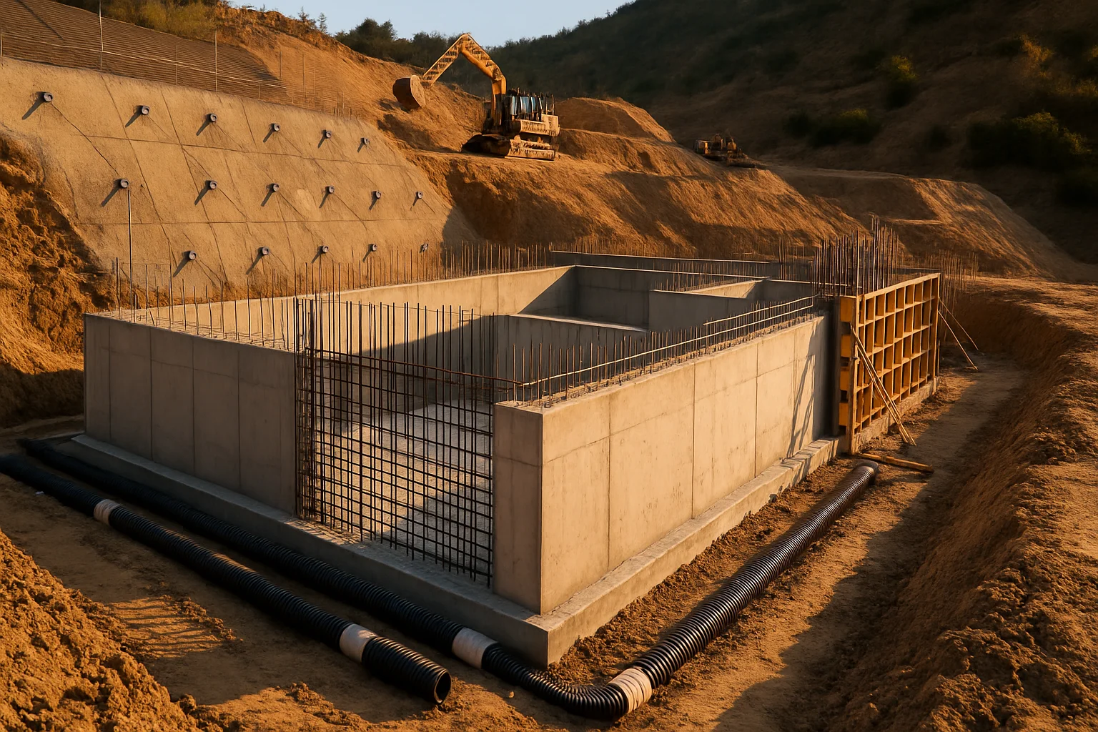 Baugrube und Untergeschoss-Fundament an einem Hangrundstück mit Hangsicherung und Drainage-System
