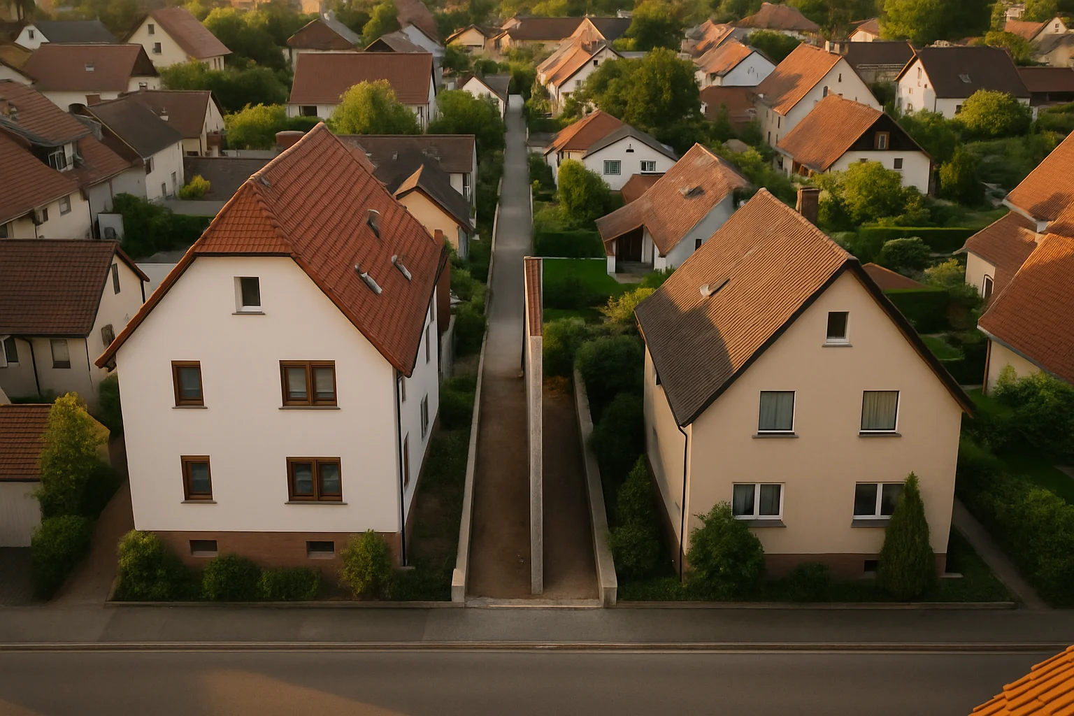 Baulücke zwischen Bestandsgebäuden in einer Ortschaft im Enzkreis aus der Vogelperspektive