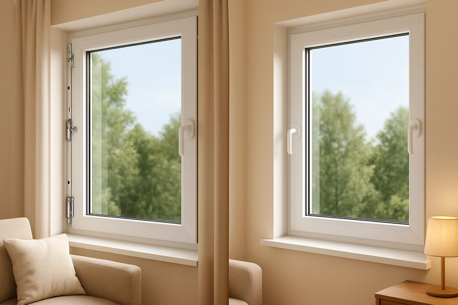 Übersicht eines vollständig nachgerüsteten Sicherheitsfensters mit Beschlägen und einbruchhemmender Verglasung