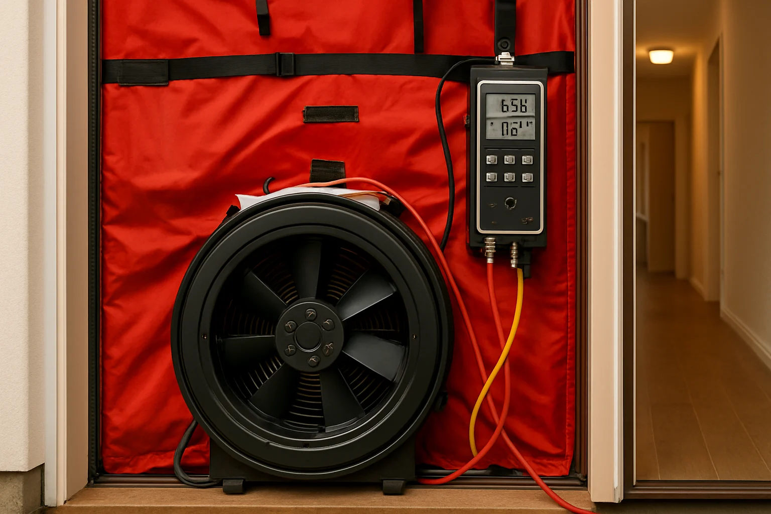 Blower Door Test Gerät im Türrahmen eines Neubaus zur Messung der Luftdichtheit