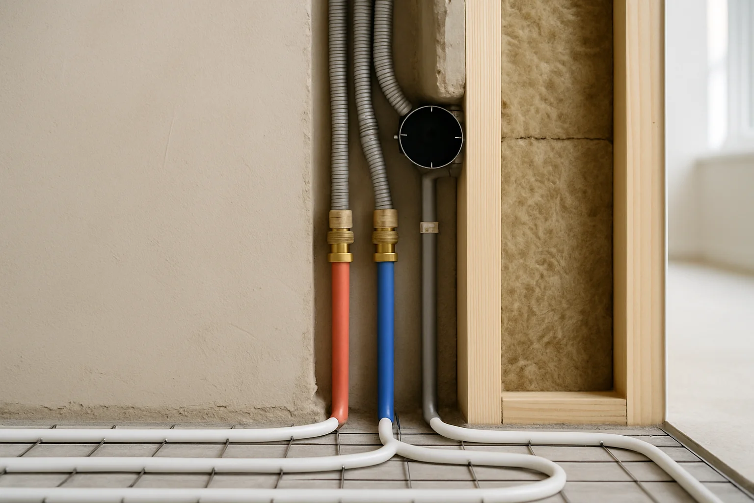 Detailansicht der Gewerke-Installation im Innenausbau – Leitungen, Rohre und Dämmung in der Wandkonstruktion