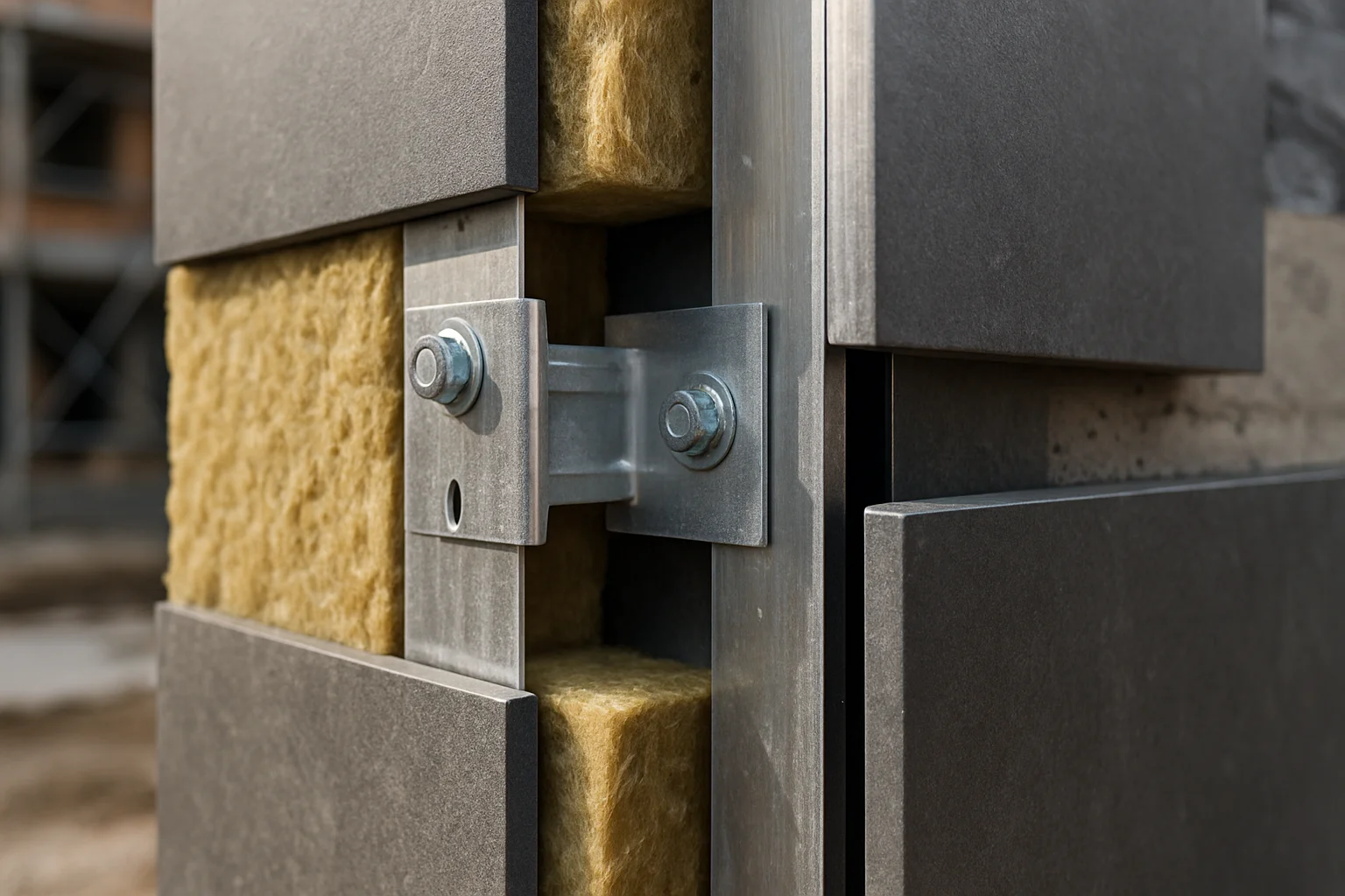 Detailansicht des Schichtaufbaus einer hinterlüfteten Vorhangfassade mit Dämmung, Unterkonstruktion und Hinterlüftungsspalt