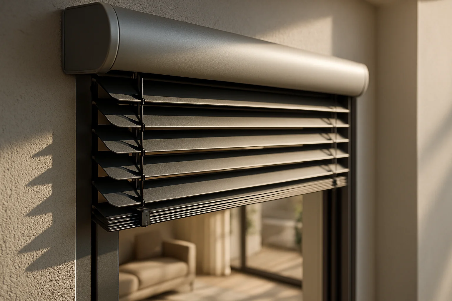 Detailaufnahme der Lamellen und Mechanik eines Raffstores am Fenster
