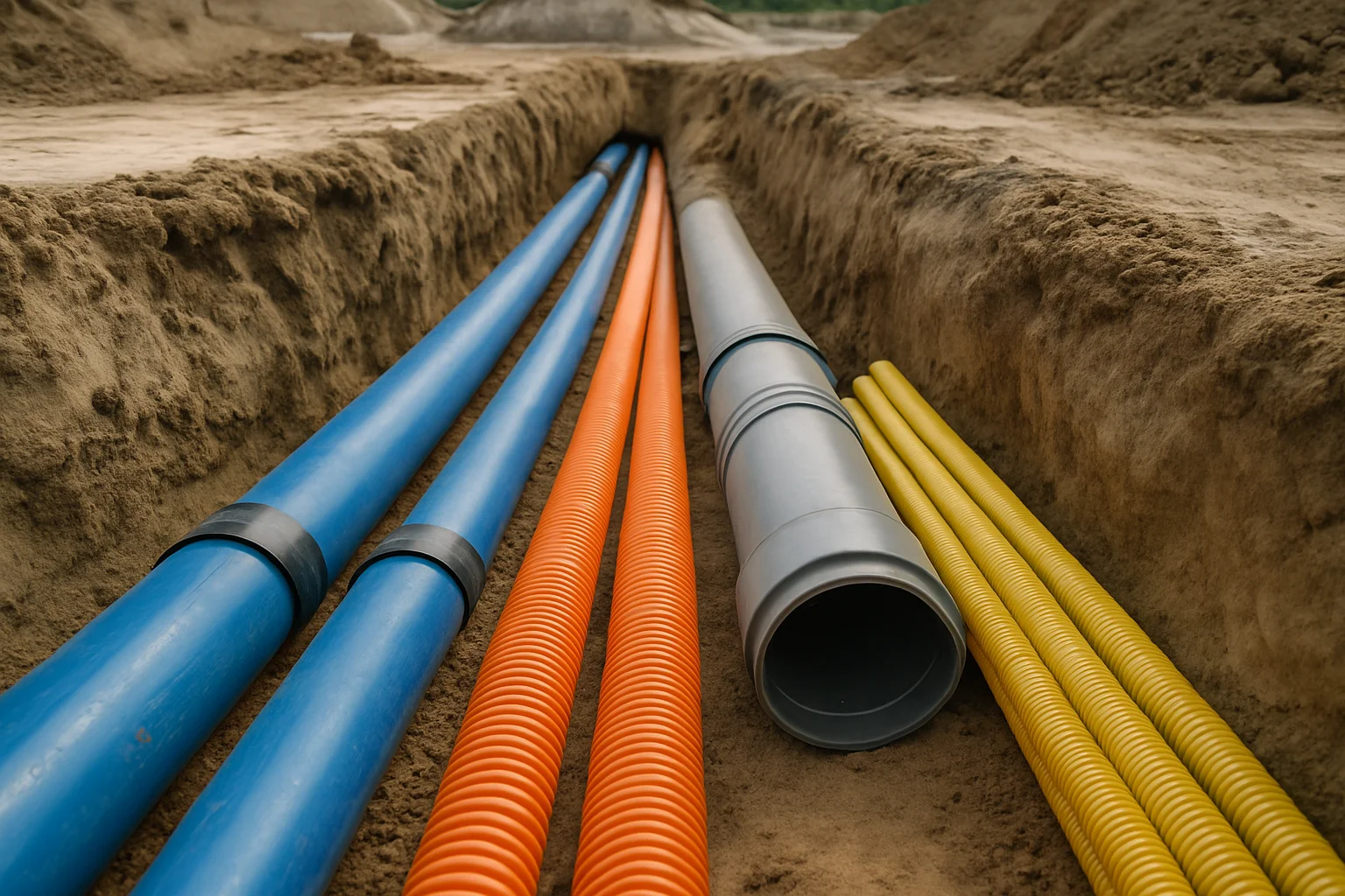Detailaufnahme eines geöffneten Erschließungsgrabens mit verschiedenen Leitungen für Wasser, Strom, Abwasser und Glasfaser im Querschnitt