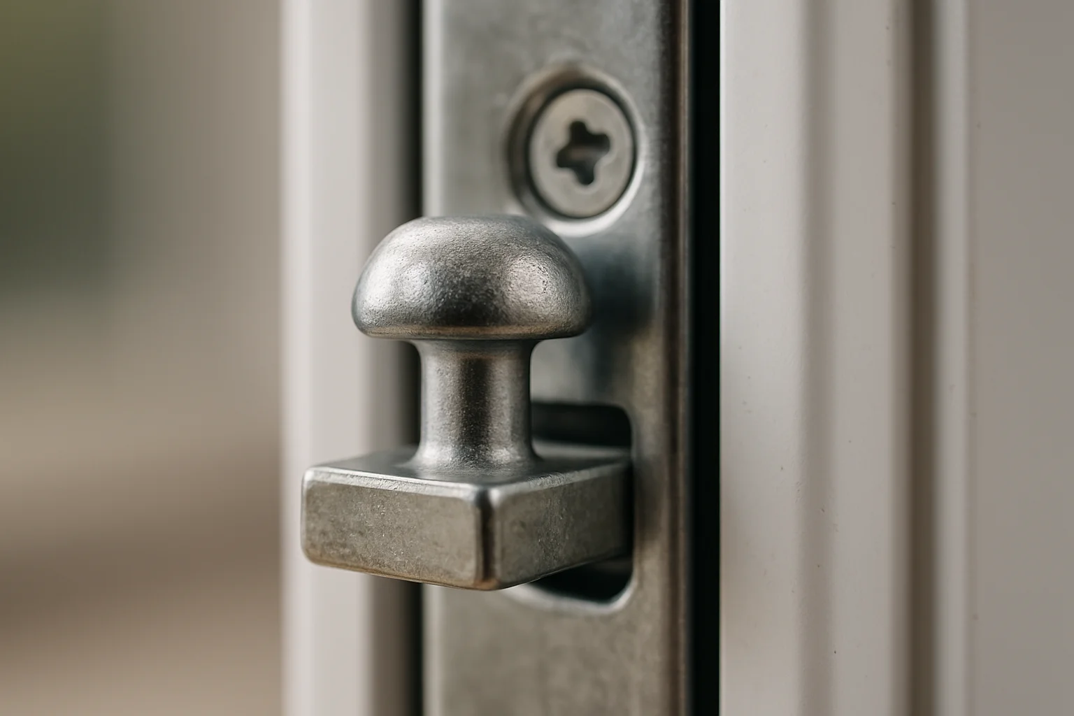 Detailaufnahme eines Pilzkopfzapfens im Fensterrahmen als Einbruchschutz-Nachrüstung