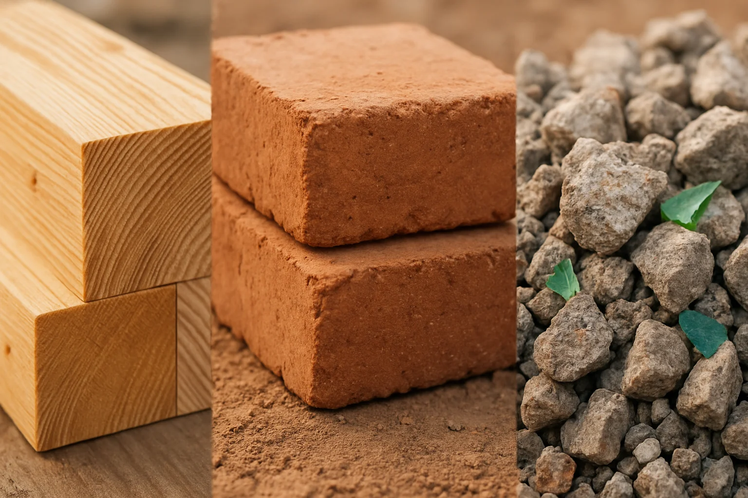 Detailaufnahme nachhaltiger Baustoffe: Holzbalken, Lehmziegel und Recyclingmaterial im Vergleich