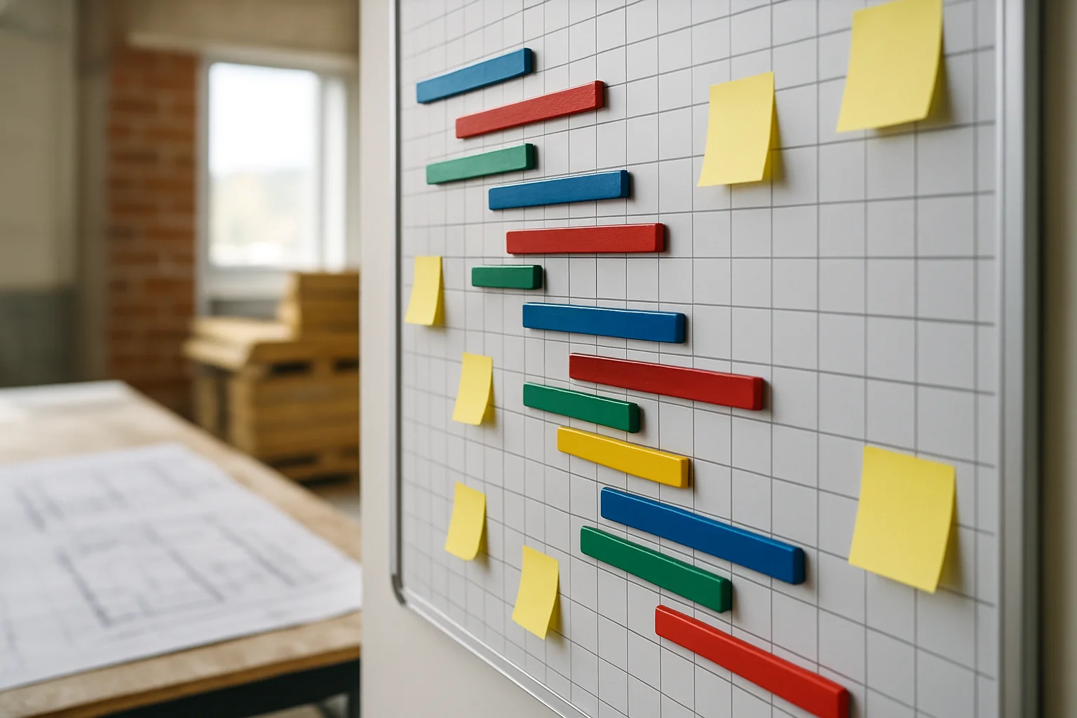 Detaillierter Bauzeitenplan mit Puffern und Gewerk-Abfolge auf einem Planungsbord in einem Bauleitungsbüro