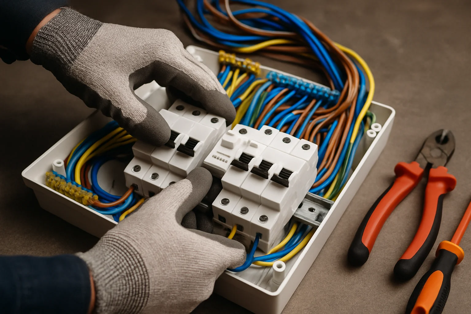 Elektriker installiert neue Leitungsschutzschalter und FI-Schalter in einem modernen Unterverteilungskasten