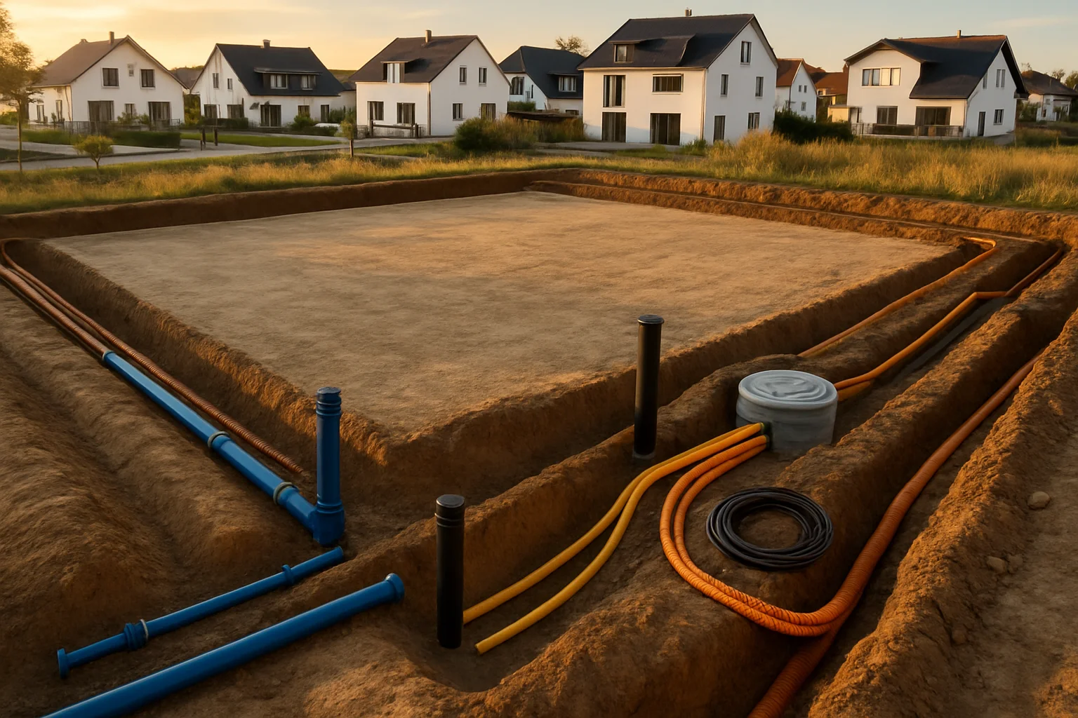 Erschließung Grundstück Anschlüsse – Luftaufnahme eines Baugrundstücks mit sichtbaren Leitungsgräben für Wasser, Abwasser, Strom und Glasfaser
